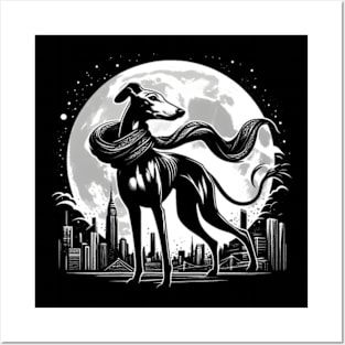 An elegant greyhound with a flowing scarf, standing against a moonlit city skyline Posters and Art